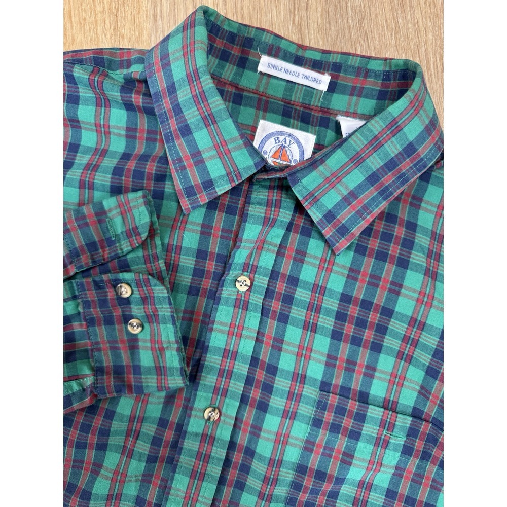 Vintage Bay Waters Plaid Men's Shirt Large Tall Green Blue Red 1990s